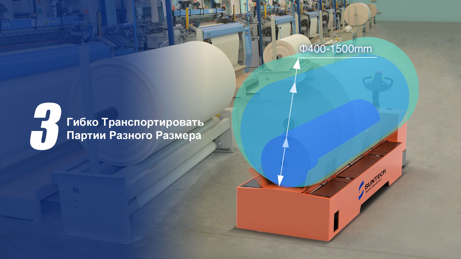 Электрическая тележка для транспортировки больших партий позволяет гибко транспортировать партии ткани разного размера.